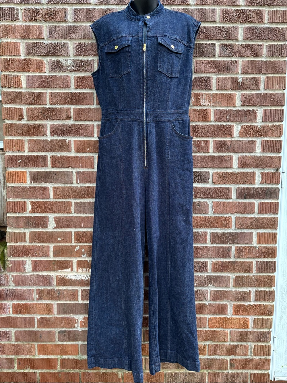 INC Denim Sleeveless Jumpsuit Women Large Dark Blue Wide-Leg Pockets